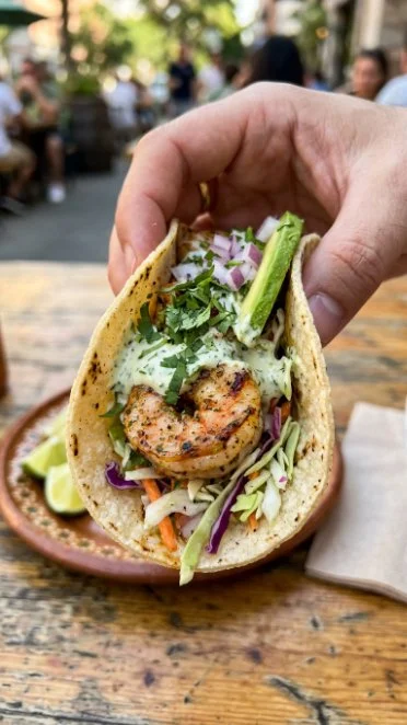 Cilantro lime shrimp tacos served with creamy slaw on a plate.