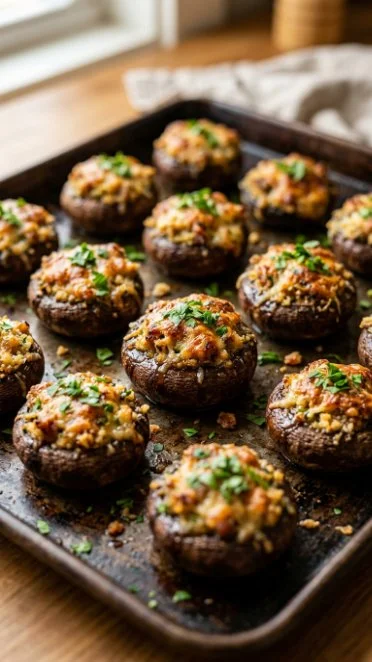 Plate of classic stuffed mushrooms ready to serve as appetizers