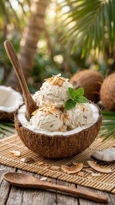 A bowl of creamy coconut ice cream topped with toasted coconut flakes.