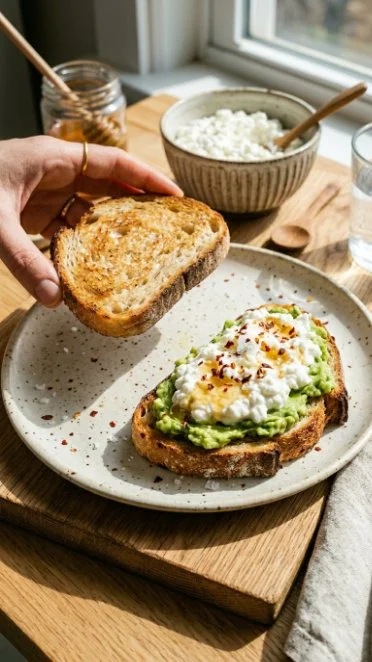 Cottage cheese avocado toast topped with fresh herbs and cherry tomatoes