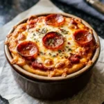Delicious Cottage Cheese Pizza Bowl topped with fresh vegetables and cheese.