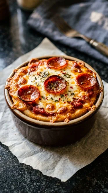 Delicious Cottage Cheese Pizza Bowl topped with fresh vegetables and cheese.