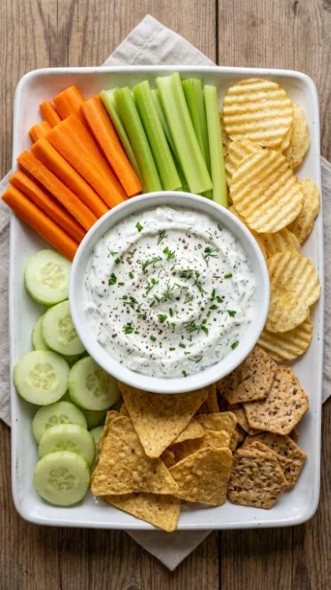Creamy Cottage Cheese Ranch Dip served with fresh veggies and chips
