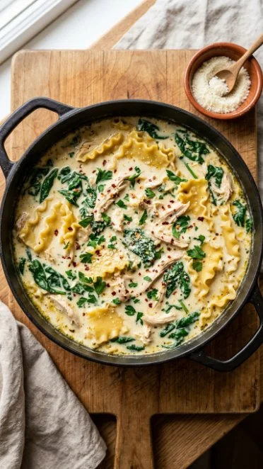 Bowl of creamy chicken lasagna soup garnished with herbs and cheese