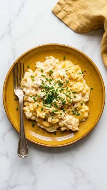 Creamy cottage cheese scrambled eggs served on a plate with herbs