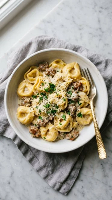 Creamy sausage tortellini dish garnished with herbs