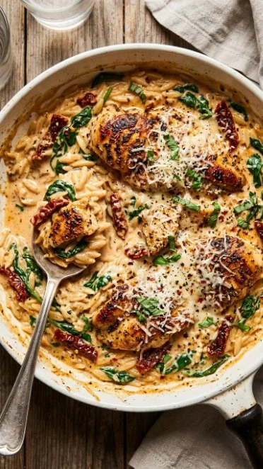 Creamy sun-dried tomato chicken orzo served in a bowl with herbs