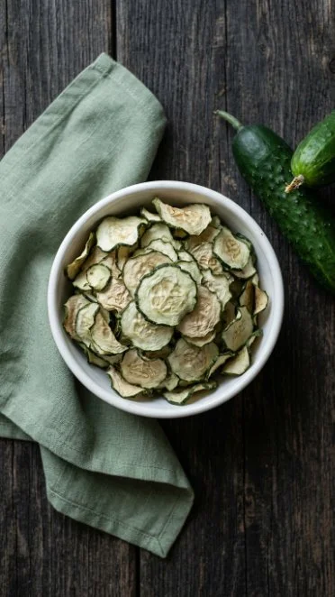 Plate of crispy baked eggplant chips, a healthy low carb snack option.