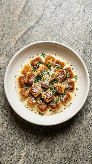 Plate of crispy garlic chicken served with gnocchi and garnished with herbs.