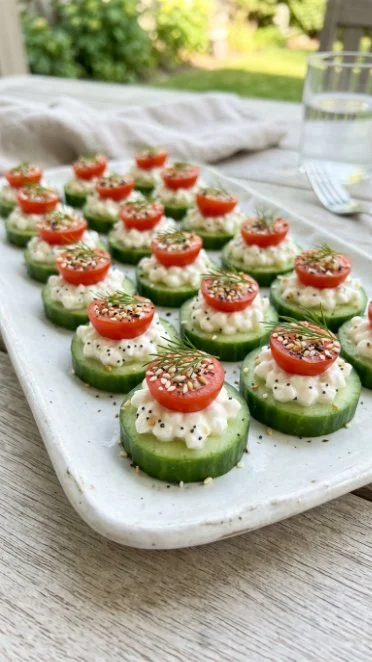 Cucumber Cottage Cheese Bites served on a platter with herbs.