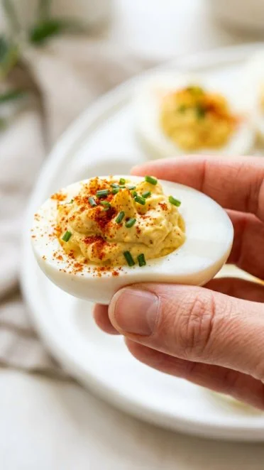Plate of flavorful deviled eggs garnished with paprika and herbs.