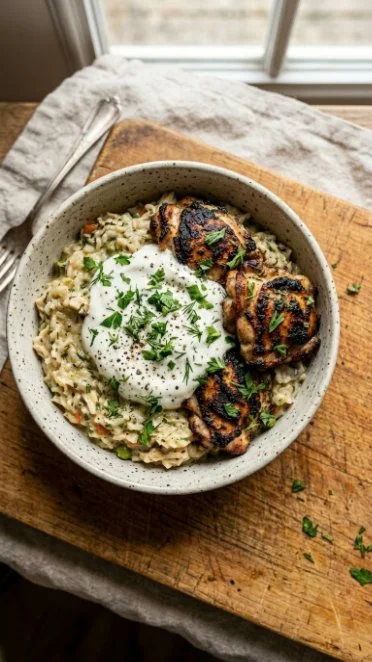 Delicious Chicken Tzatziki Casserole served in a baking dish