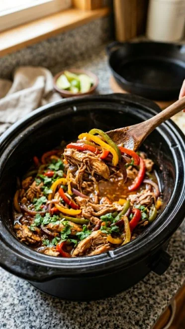 Delicious crockpot chicken fajitas served with toppings.