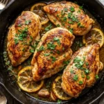 Plate of easy lemon chicken garnished with parsley and lemon slices