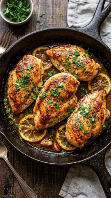 Plate of easy lemon chicken garnished with parsley and lemon slices
