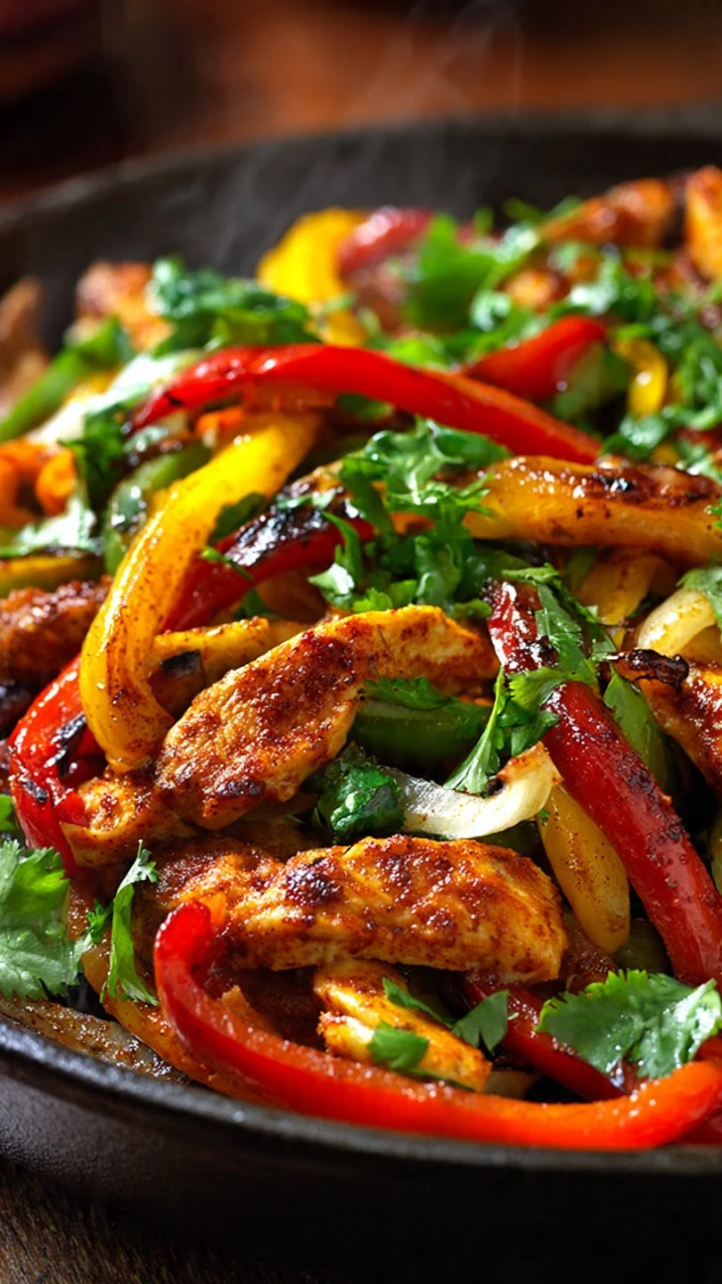 Easy one pan chicken fajita skillet with colorful bell peppers and spices