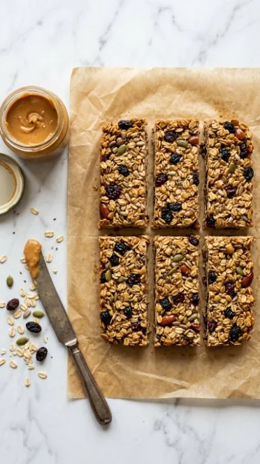 Homemade easy protein bars stacked on a wooden table
