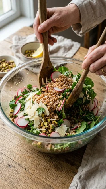 Colorful farro salad with vegetables and herbs in a bowl