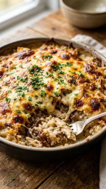 French Onion Chicken Rice Casserole topped with cheese and onions