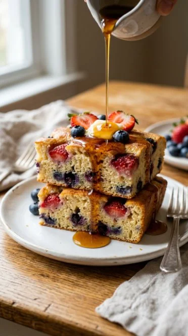 Delicious fresh berry sheet pan pancakes served on a table.