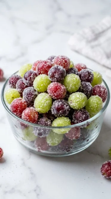 A bowl of frozen candied grapes, a refreshing and sweet dessert treat.