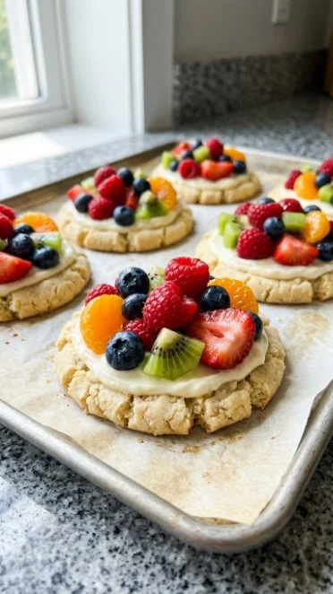 Delicious fruit pizza cookies topped with colorful fresh fruit