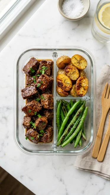 Garlic Balsamic Steak Bites served in a bowl with herbs
