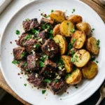 Delicious Garlic Steak Bites served with seasoned potatoes on a plate.