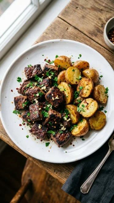 Delicious Garlic Steak Bites served with seasoned potatoes on a plate.