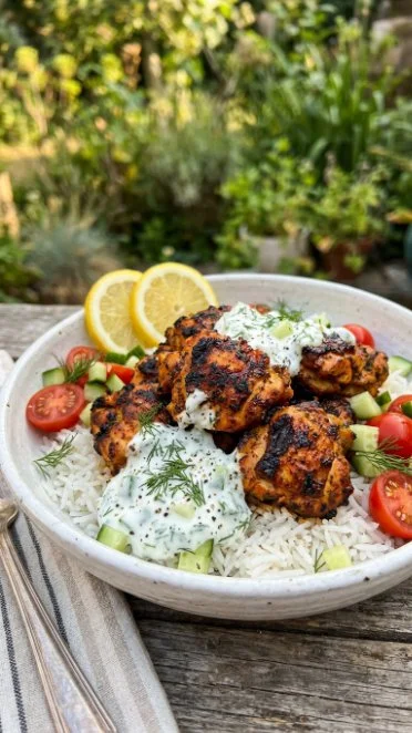 Delicious Greek Chicken Gyro Bowl with lemon rice and tzatziki sauce
