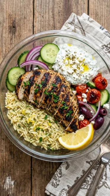 Greek Chicken Power Bowl with Lemon Orzo and fresh vegetables