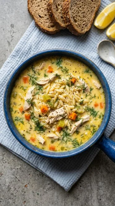 Bowl of Greek lemon orzo soup garnished with fresh herbs and lemon slices