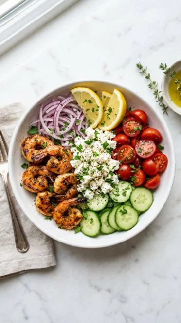 Greek shrimp Mediterranean bowl with fresh vegetables and grains