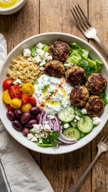 Greek Turkey Meatball Bowls with fresh ingredients and Mediterranean flavors