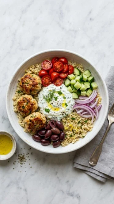 Delicious Greek Turkey Meatball Bowls with quinoa and tzatziki sauce