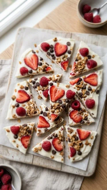Delicious Greek Yogurt Bark topped with fresh fruits and nuts