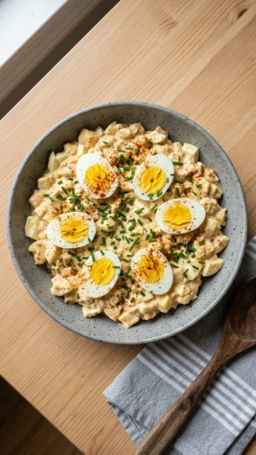 Greek Yogurt Egg Salad in a bowl, a healthy twist on traditional egg salad.