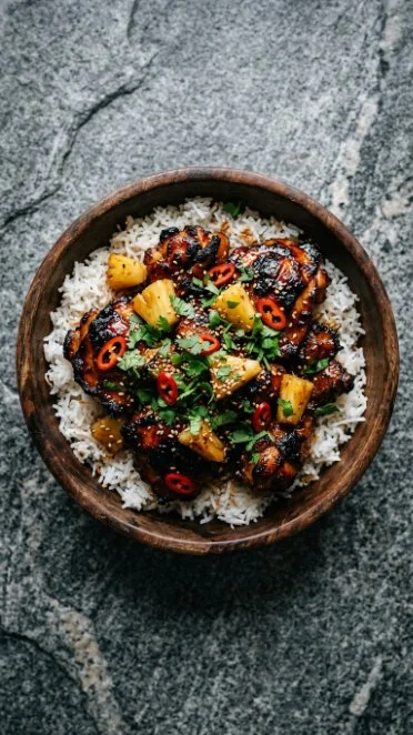 Delicious Hawaiian Chicken served with coconut rice on a vibrant plate.
