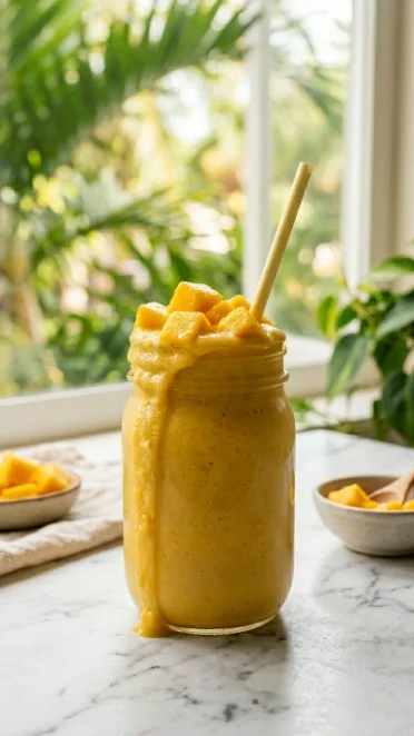 A vibrant healthy fruit smoothie with fresh fruits and greens in a glass