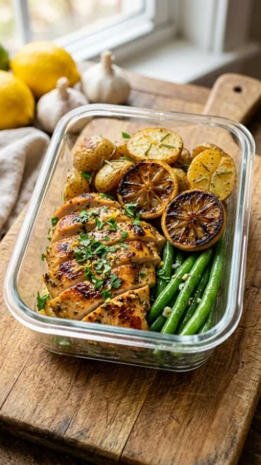 Healthy lemon garlic chicken meal prep bowl with fresh vegetables and grains