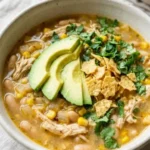 Bowl of healthy white chicken chili topped with cilantro and jalapeños