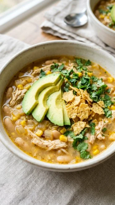 Bowl of healthy white chicken chili topped with cilantro and jalapeños