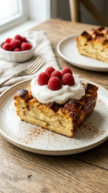 High Protein French Toast Bread Pudding topped with berries and syrup