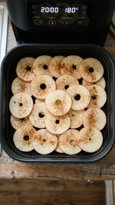 Homemade apple chips on a wooden plate with cinnamon