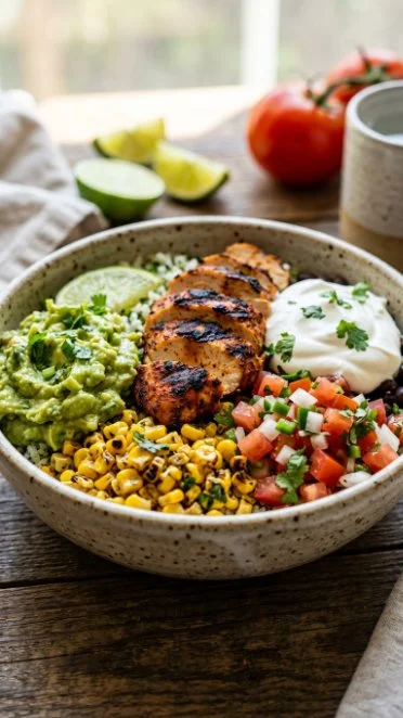 Delicious grilled chicken burrito bowl filled with fresh ingredients