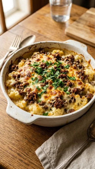 Keto cheeseburger cauliflower mac dish with cheese and toppings