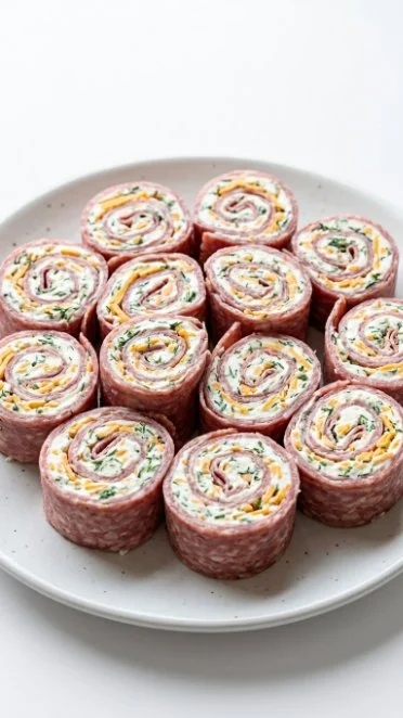 Keto salami cream cheese roll ups on a plate, perfect for low-carb snacking.