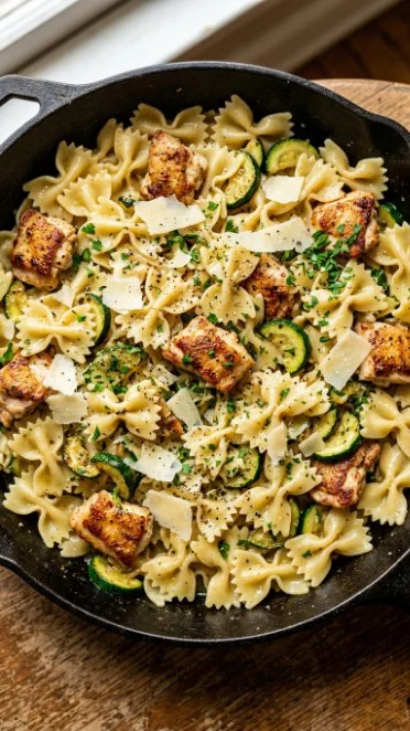 Delicious lemon chicken pasta served in a bowl with fresh herbs and lemon slices.