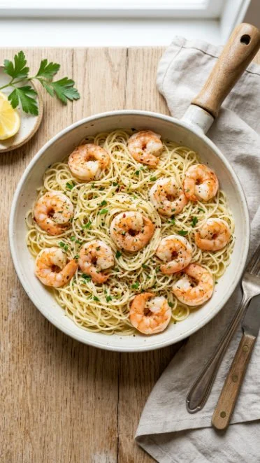 Delicious Lemon Garlic Butter Shrimp Pasta served in a bowl with herbs