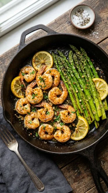 Lemon garlic shrimp sautéed with fresh asparagus in a vibrant dish